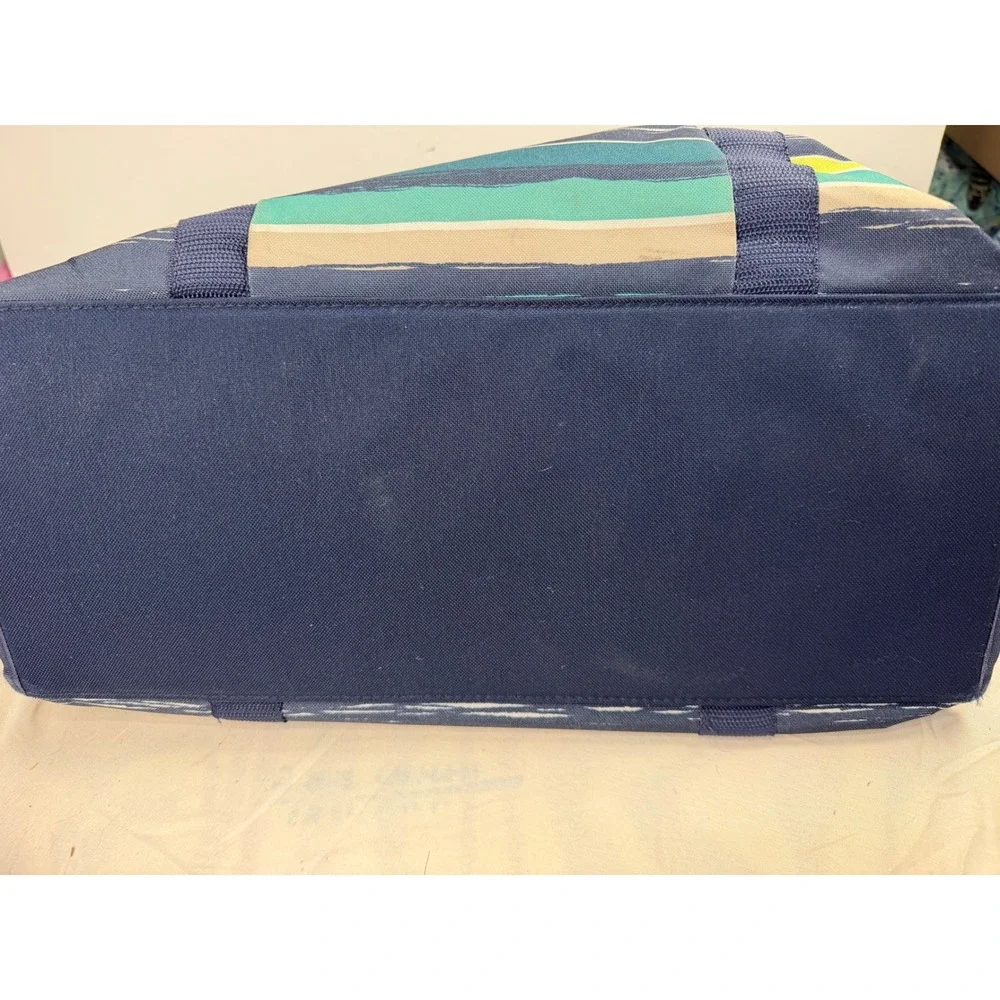Thirty-One Zip-Top Utility Tote Navy Teal Striped Large Travel Beach Bag